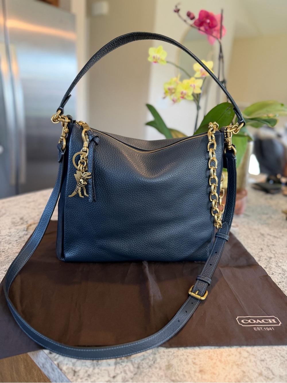 Coach Shay Shoulder Bag (Style 4609) Midnight Navy Pebbled and Suede Leather